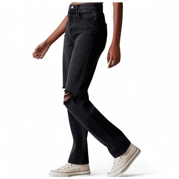 PacSun Eco Charcoal Black Distressed Button Fly High Waist Dad Jeans Size 26 - Picture 1 of 10